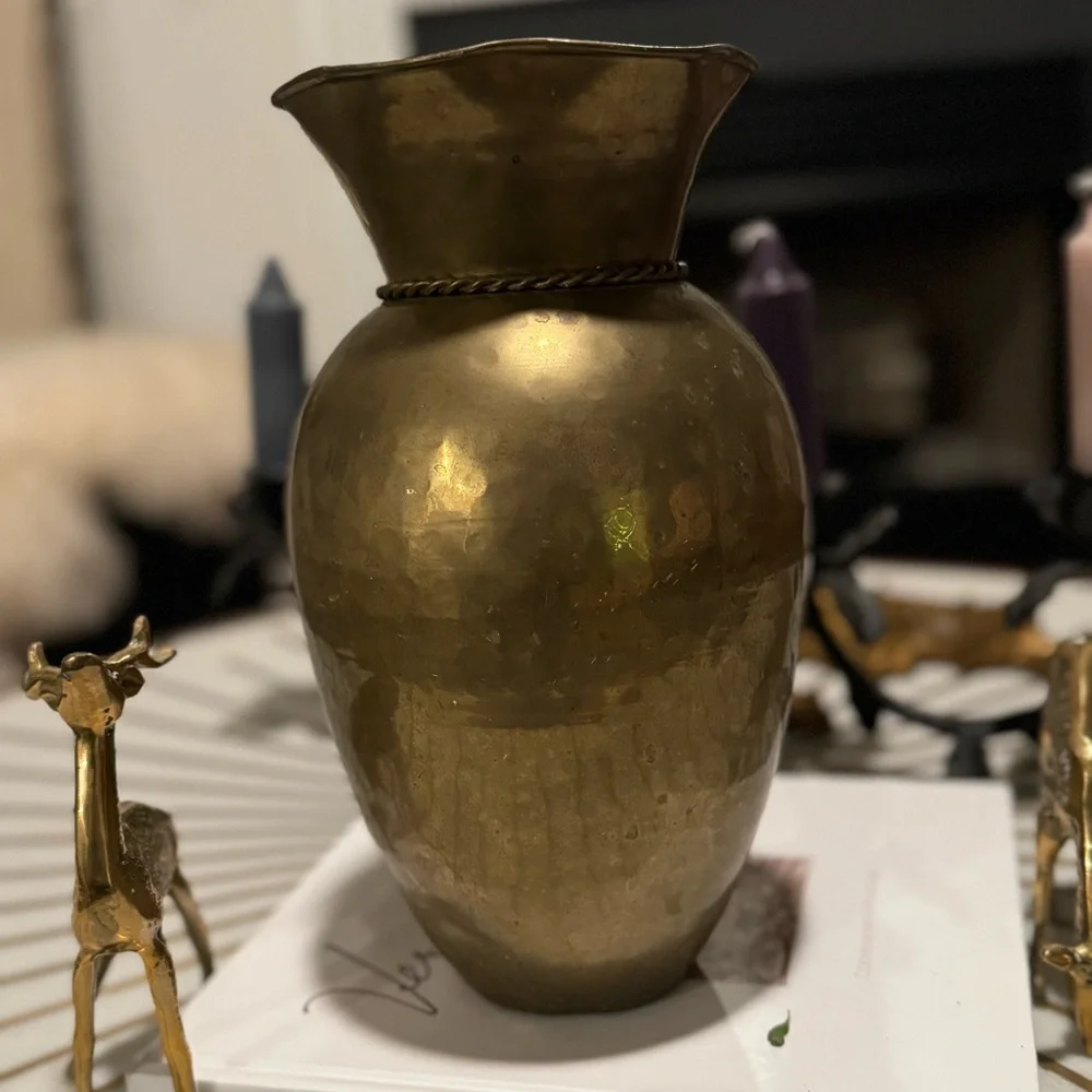 Vintage Large Hammered Brass Vase Ruffled Rim Brass Tassels 11”